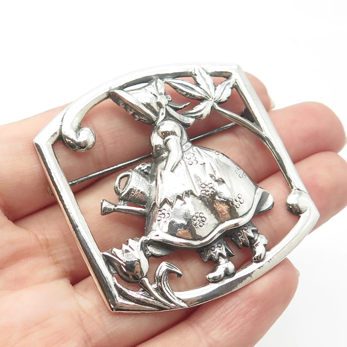 925 Sterling Silver Vintage Girl & Floral Pin Brooch