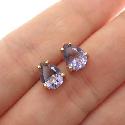 925 Sterling Silver Gold Plated Real Pear-Cut Amethyst Stud Earrings