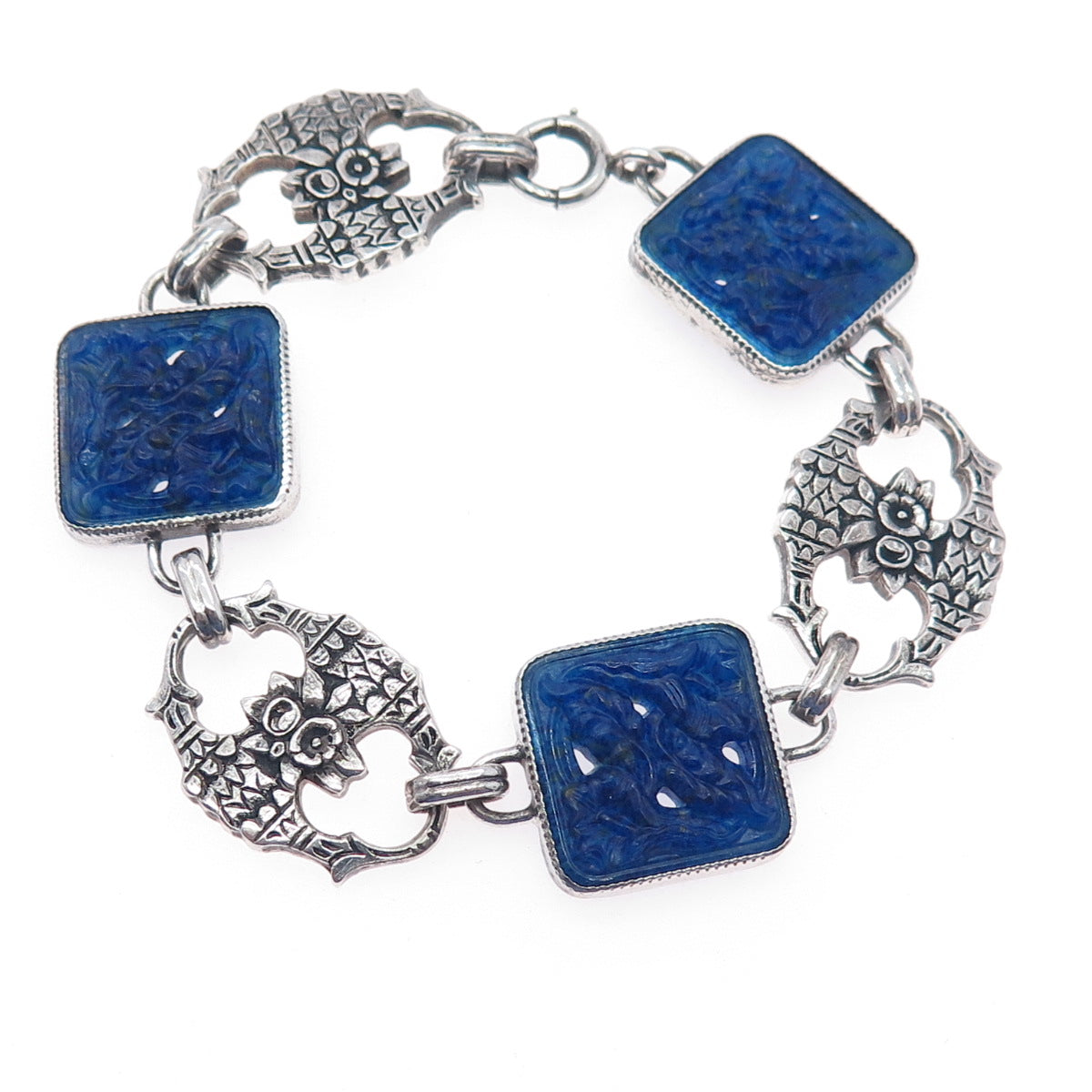 Binder Brothers 925 Sterling Silver Antique Art Deco Glass Floral Bracelet 7.25"