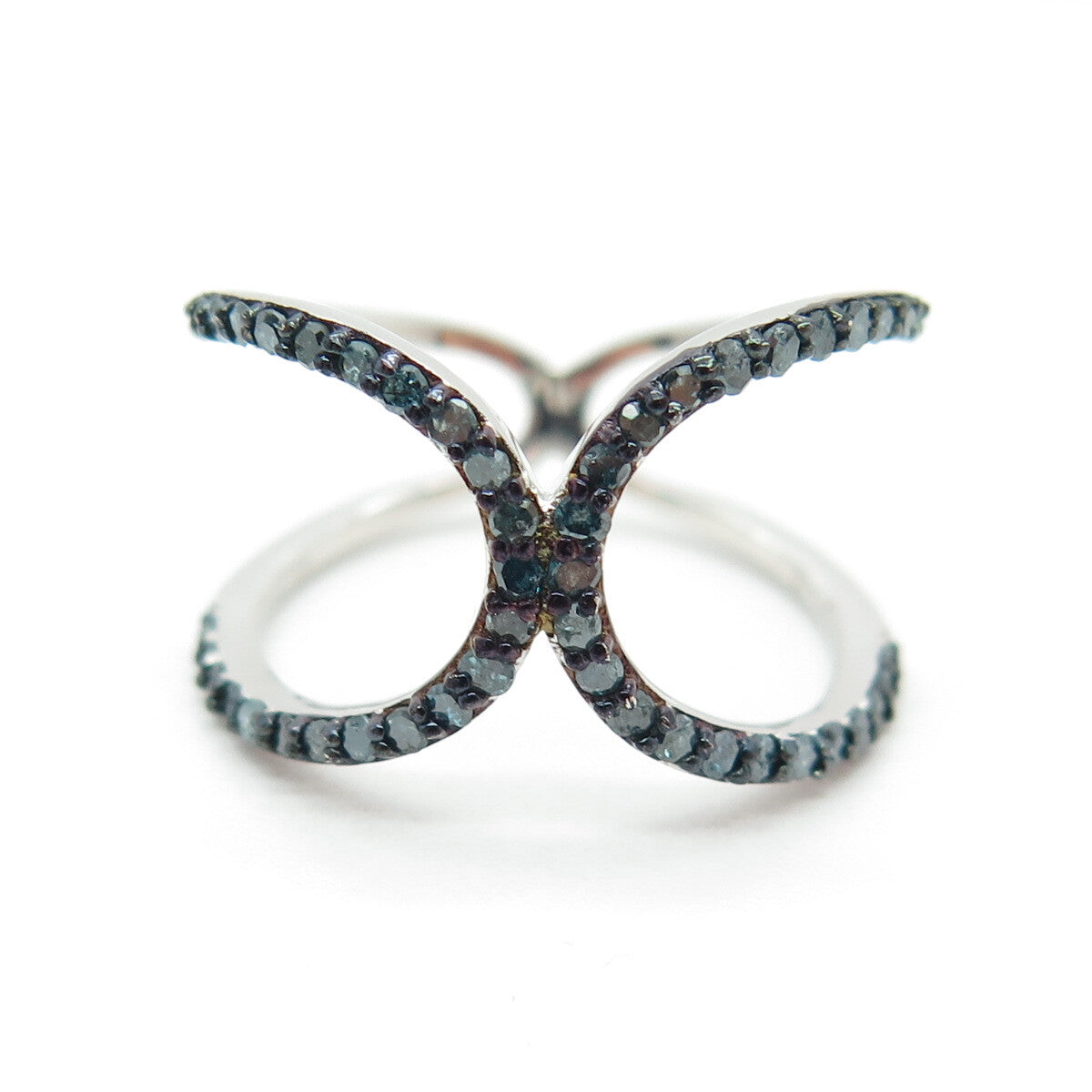 925 Sterling Silver Real Round-Cut Fancy Blue Diamond Hug Ring Size 7.25
