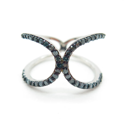925 Sterling Silver Real Round-Cut Fancy Blue Diamond Hug Ring Size 7.25