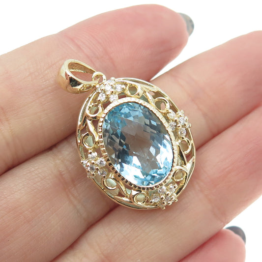 925 Sterling Silver Gold Plated Real Blue Topaz & C Z Swirl Pendant