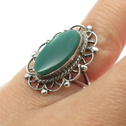 925 Sterling Silver Vintage Mexico Real Green Onyx Oxidized Ring Size 3.25