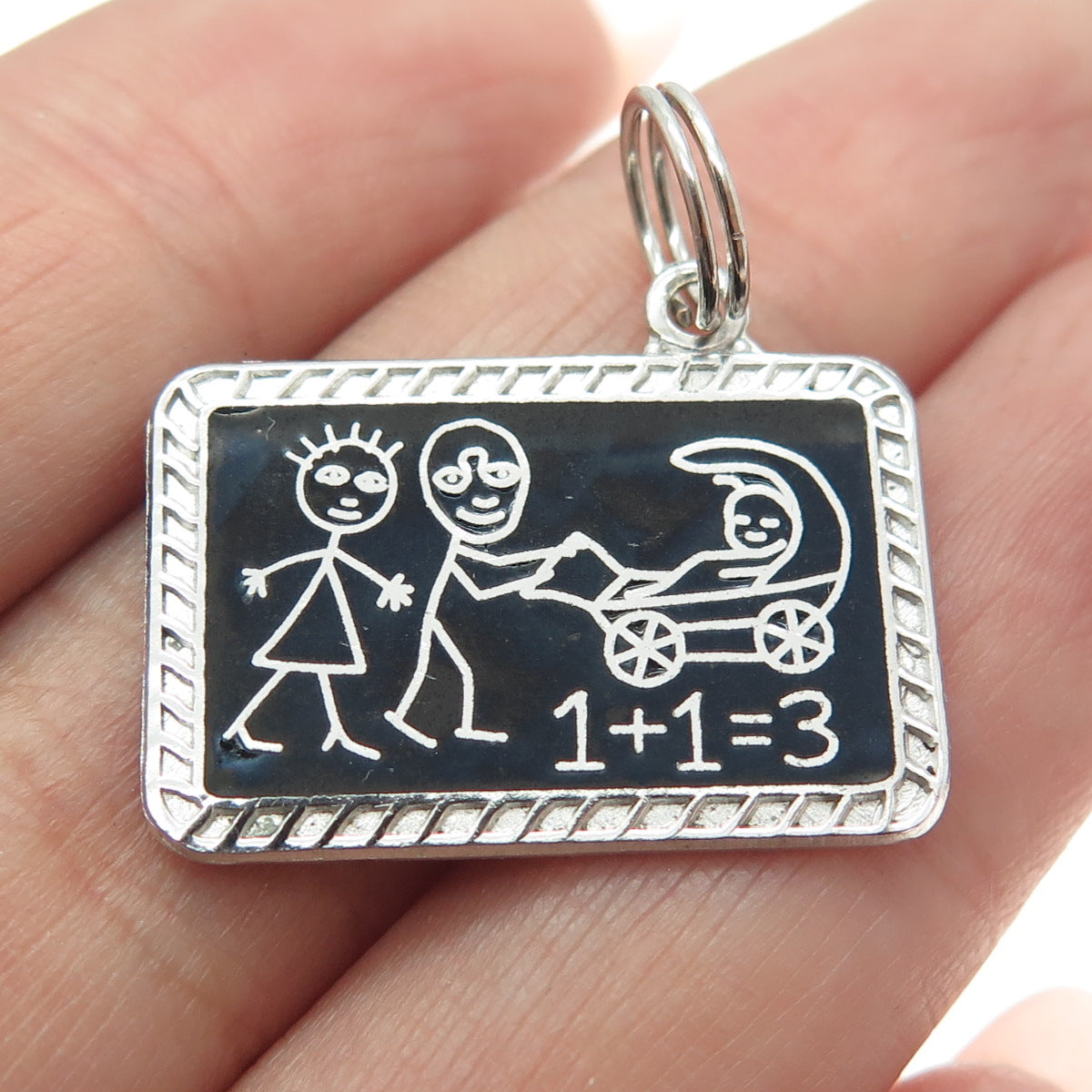 925 Sterling Silver Vintage Enamel Classroom Blackboard Family Sketch Pendant