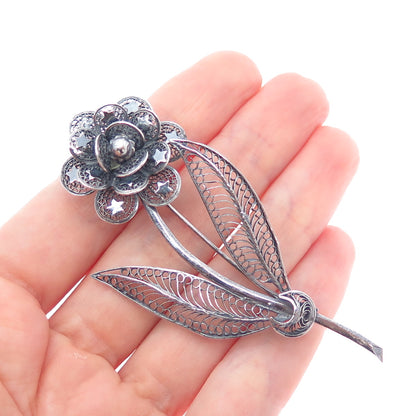 925 Sterling Silver Vintage Flower Filigree Oxidized Pin Brooch