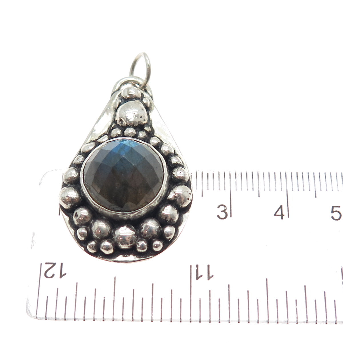 925 Sterling Silver Vintage Real Labradorite Modernist Beaded Oxidized Pendant