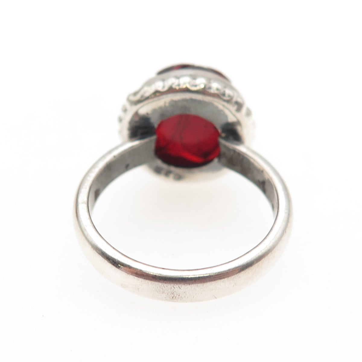 925 Sterling Silver Vintage Real Red Garnet Carved Flower Ring Size 8.25