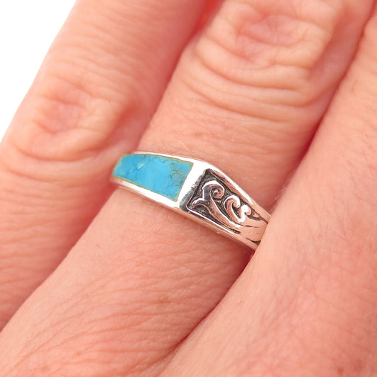 925 Sterling Silver Vintage Real Turquoise Floral Scroll Oxidized Ring Size 4.75