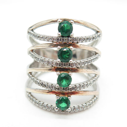 925 Sterling Silver 2-Tone Chrome Diopside & C Z Multi-Row Spine Ring Size 6.75