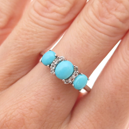 925 Sterling Silver Real Sleeping Beauty Turquoise & White Topaz Ring Size 8
