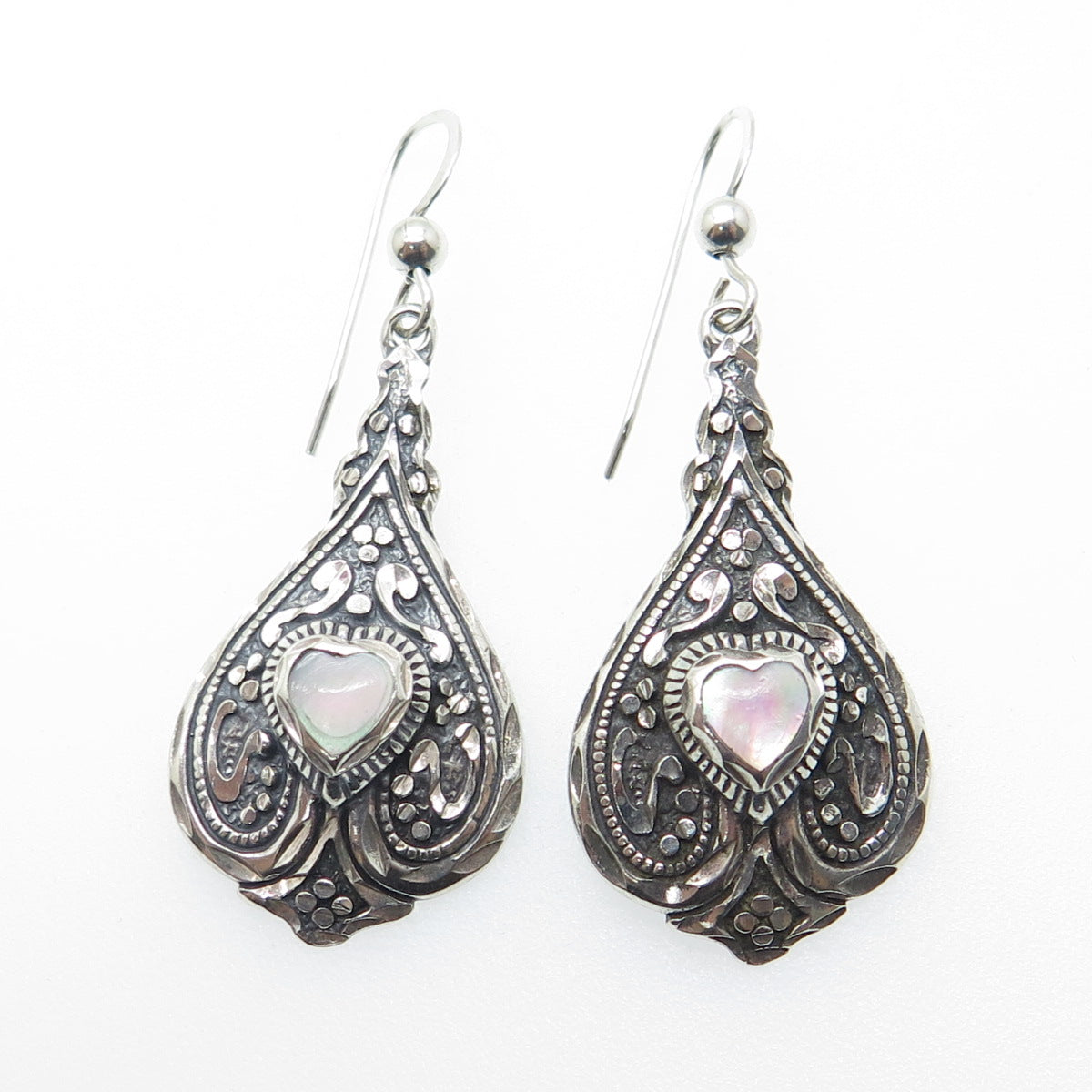 SILVER CLOUD 925 Sterling Silver Vintage Real MOP Heart Floral Oxidized Earrings