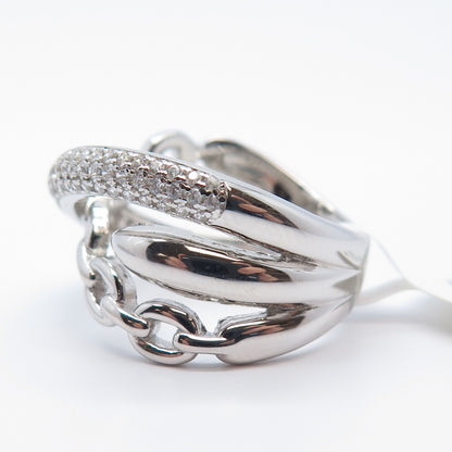 925 Sterling Silver Pave C Z Chain Crossover Ring Size 9