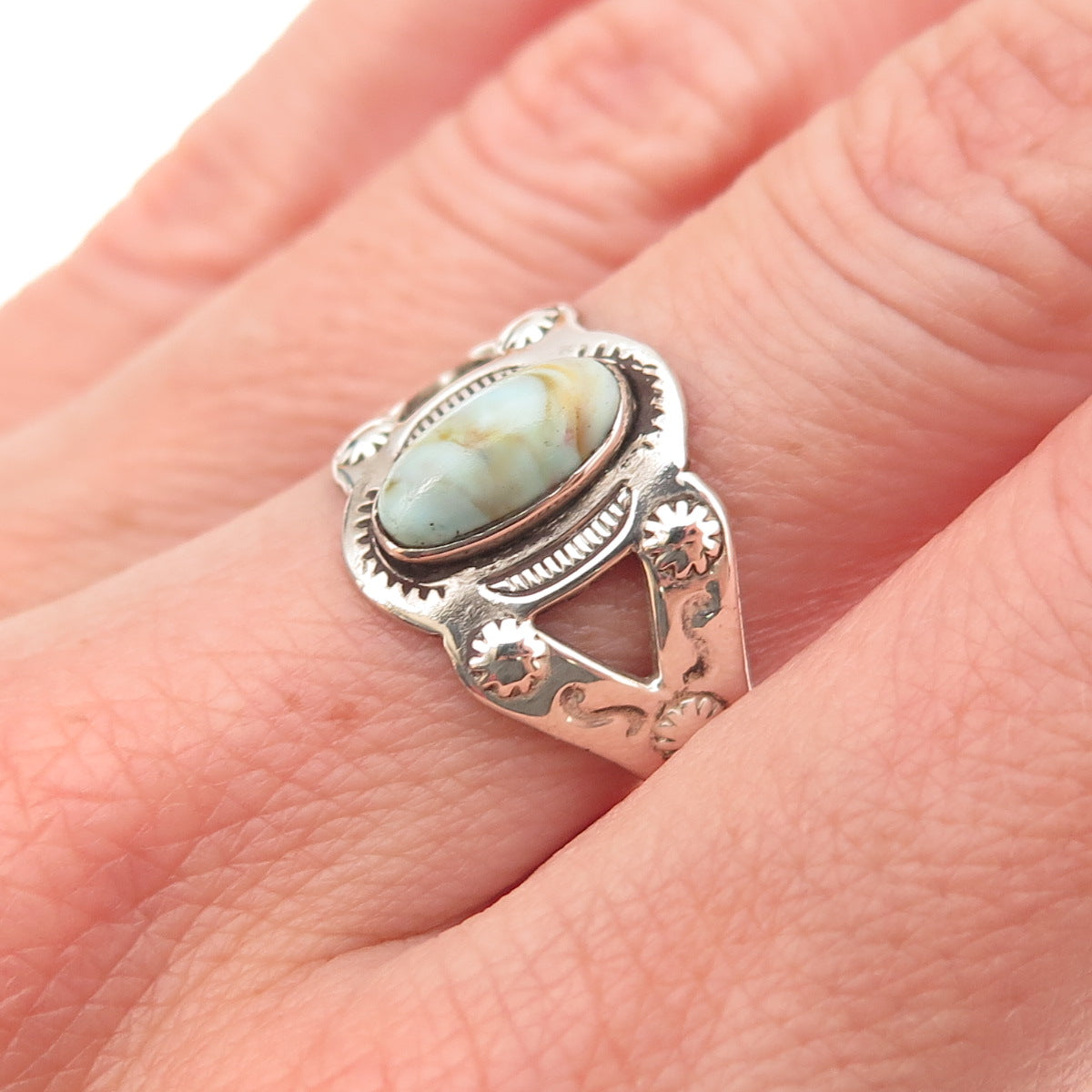Uncas 925 Sterling Silver Vintage Real Tyrone Turquoise Oxidized Ring Size 7.75