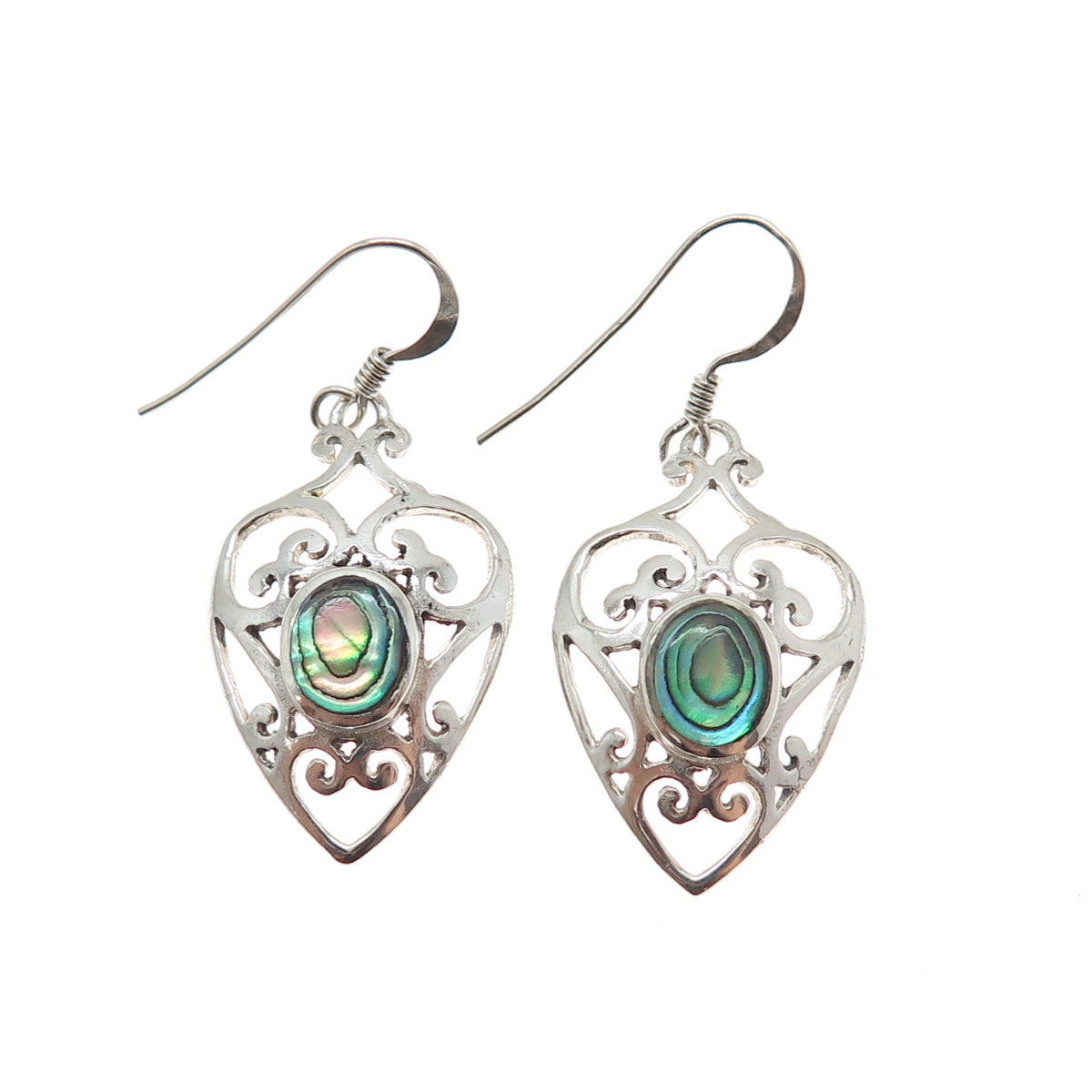 925 Sterling Silver Vintage Real Abalone Shell Ornate Heart Dangle Earrings