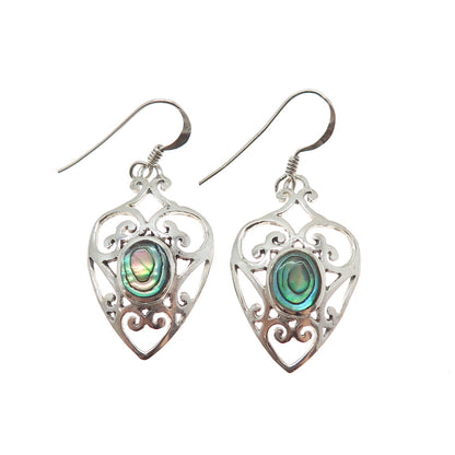 925 Sterling Silver Vintage Real Abalone Shell Ornate Heart Dangle Earrings
