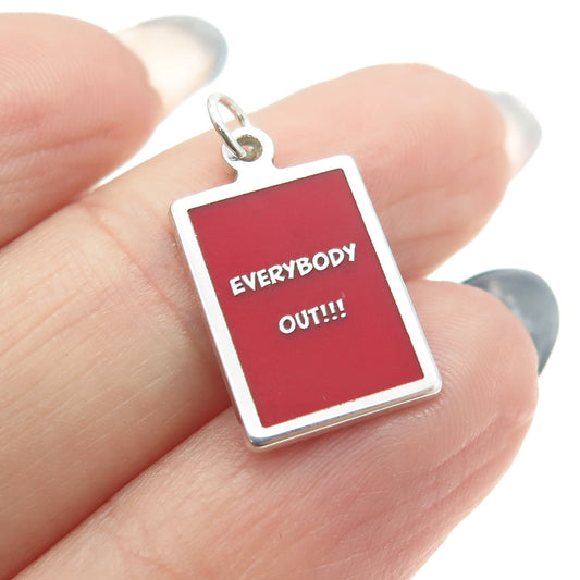 925 Sterling Silver Red Enamel "Everybody Out" Minimalist Charm Pendant