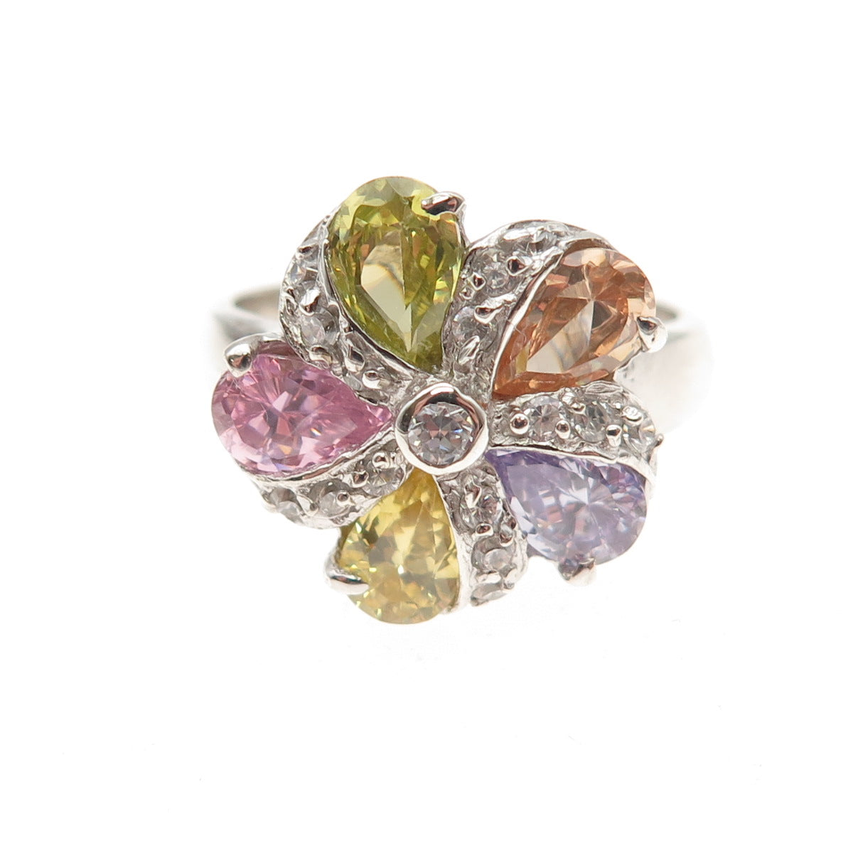 925 Sterling Silver Multi-Color C Z Floral Ring Size 6.5