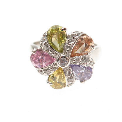 925 Sterling Silver Multi-Color C Z Floral Ring Size 6.5