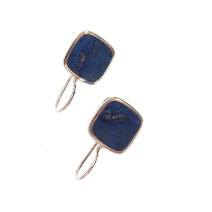 925 Sterling Silver Vintage Real Lapis Square Earrings
