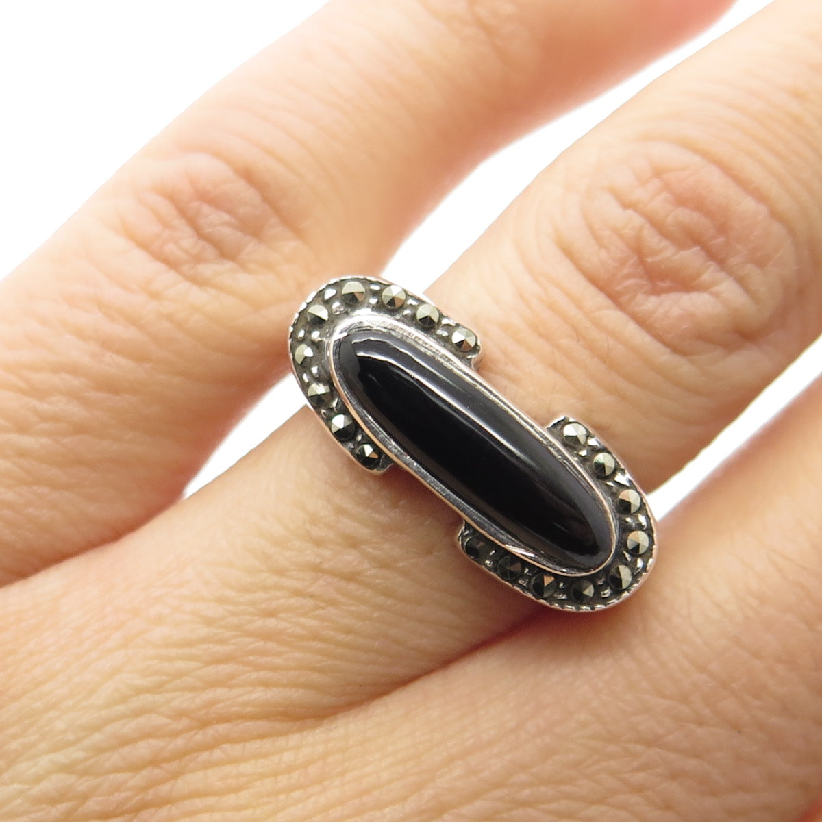 925 Sterling Silver Real Black Onyx & Marcasite Gem Art-Deco-Style Ring Size 6