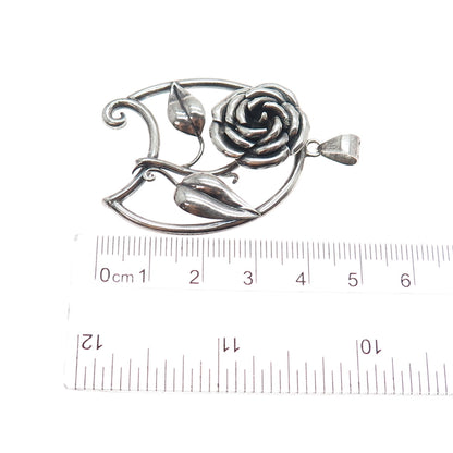 925 Sterling Silver Vintage Belle Rose Oxidized Charm Pendant