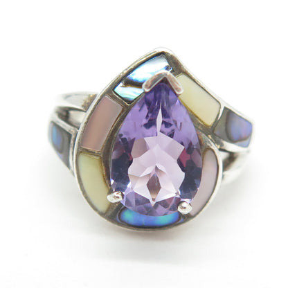 WHITNEY KELLY 925 Sterling Silver MOP Abalone Shell Amethyst Gem Ring Size 6.25