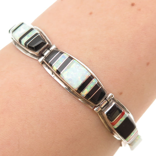 Calvin Desson Navajo Old Pawn Sterling Vintage Opal Coral & Onyx Bracelet 6.75"