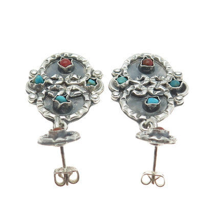 925 Sterling Silver Vintage Mexico Real Turquoise & Carnelian Tribal Earrings