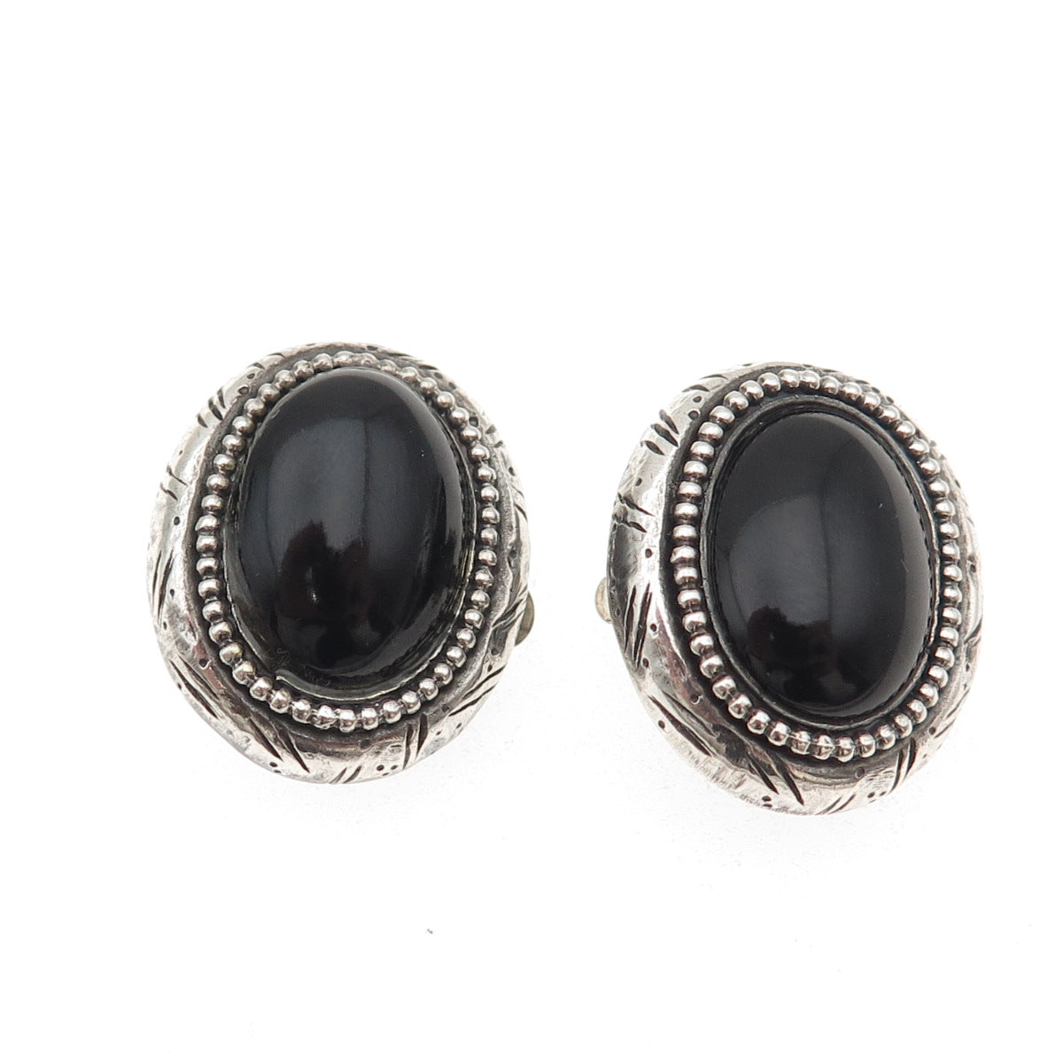 NR NANCY & RISE 925 Sterling Silver Vintage Real Black Onyx Clip On Earrings