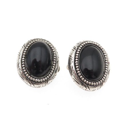 NR NANCY & RISE 925 Sterling Silver Vintage Real Black Onyx Clip On Earrings