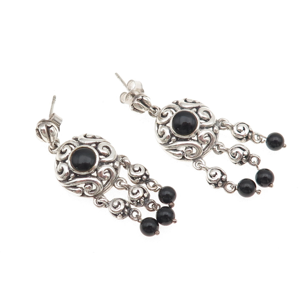 925 Sterling Silver Vintage Real Black Onyx Spiral Oxidized Dangle Earrings