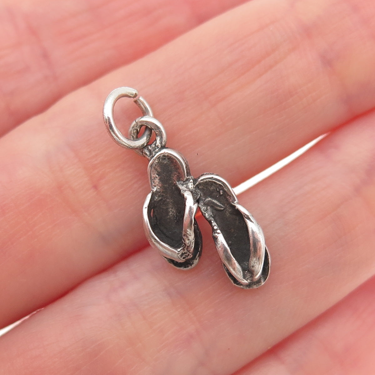 925 Sterling Silver Vintage Flip Flops Oxidized 3D Mini Charm Pendant