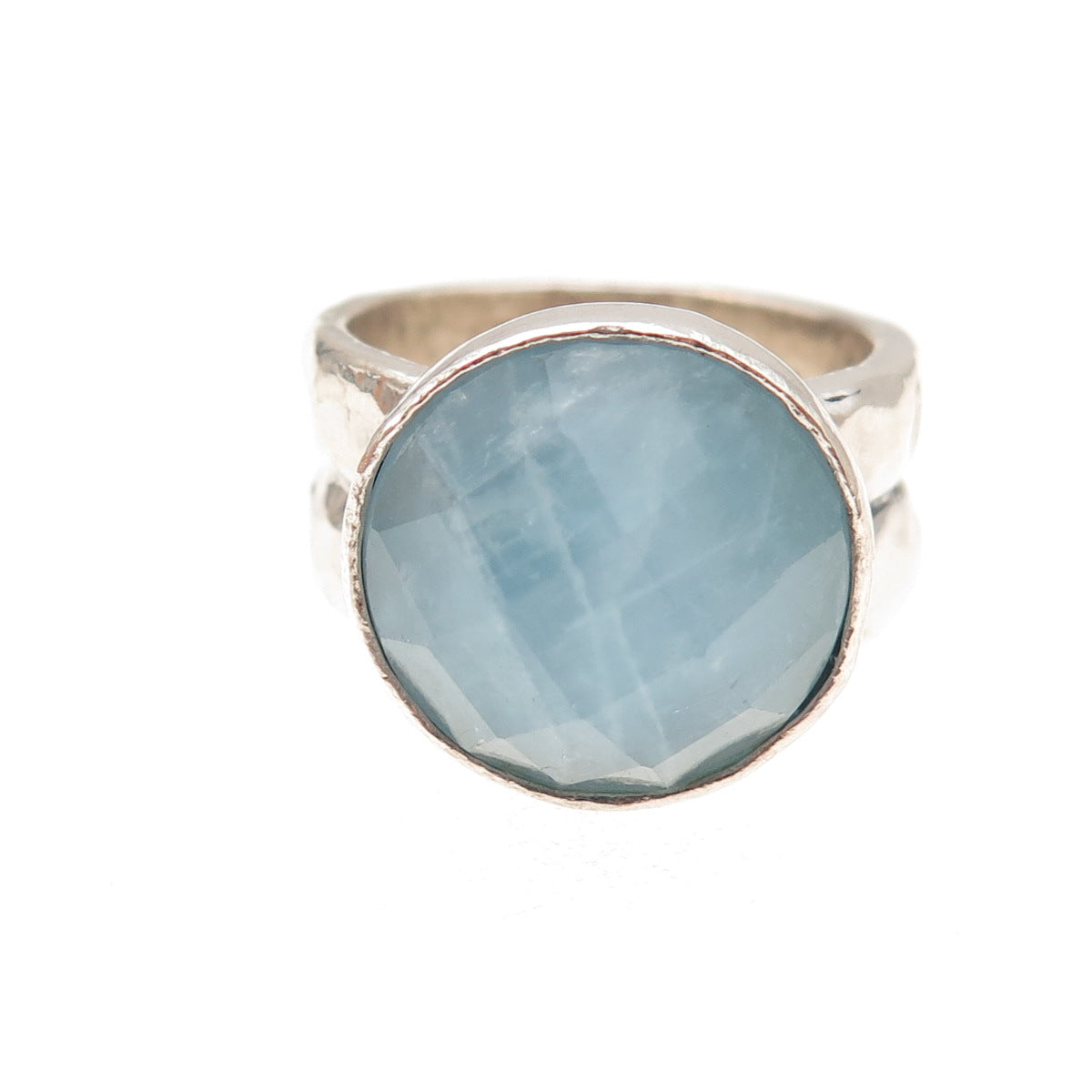 925 Sterling Silver Vintage Real Milky Aquamarine Modernist Oxidized Ring Size 9