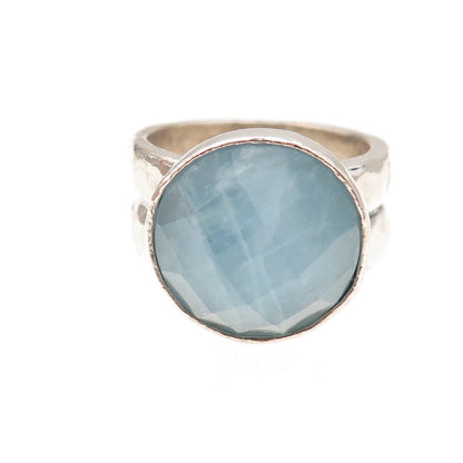 925 Sterling Silver Vintage Real Milky Aquamarine Modernist Oxidized Ring Size 9