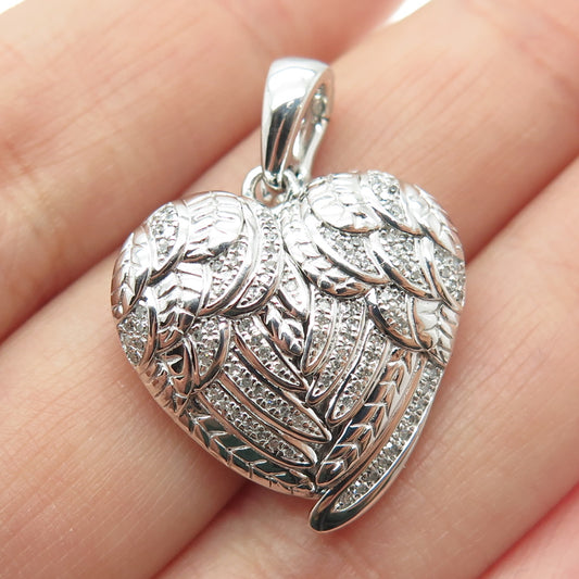 925 Sterling Silver Real Round-Cut Diamond Angel Wing Heart Locket Pendant