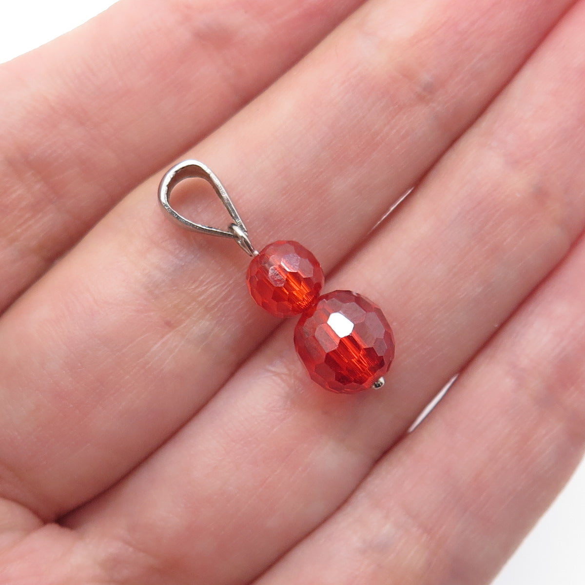 925 Sterling Silver Vintage Red Glass Crystal Beaded Minimalist Charm Pendant