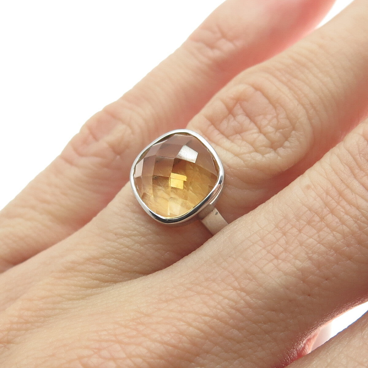 DSMK 925 Sterling Silver Checkered Lemon C Z Minimalist Ring Size 7