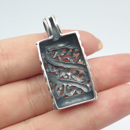 925 Sterling Silver Vintage Ornate Floral Oxidized Pendant