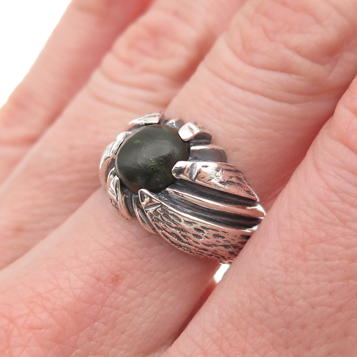 925 Sterling Silver Vintage Real Jade Modernist Oxidized Ring Size 6.5