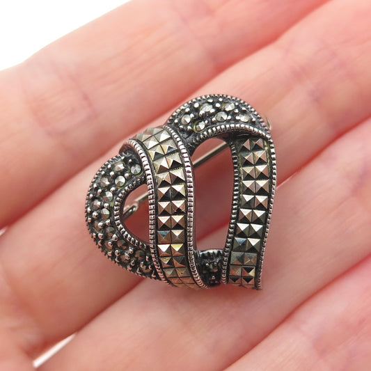 JUDITH JACK 925 Sterling Silver Vintage Real Marcasite Heart Oxidized Pin Brooch