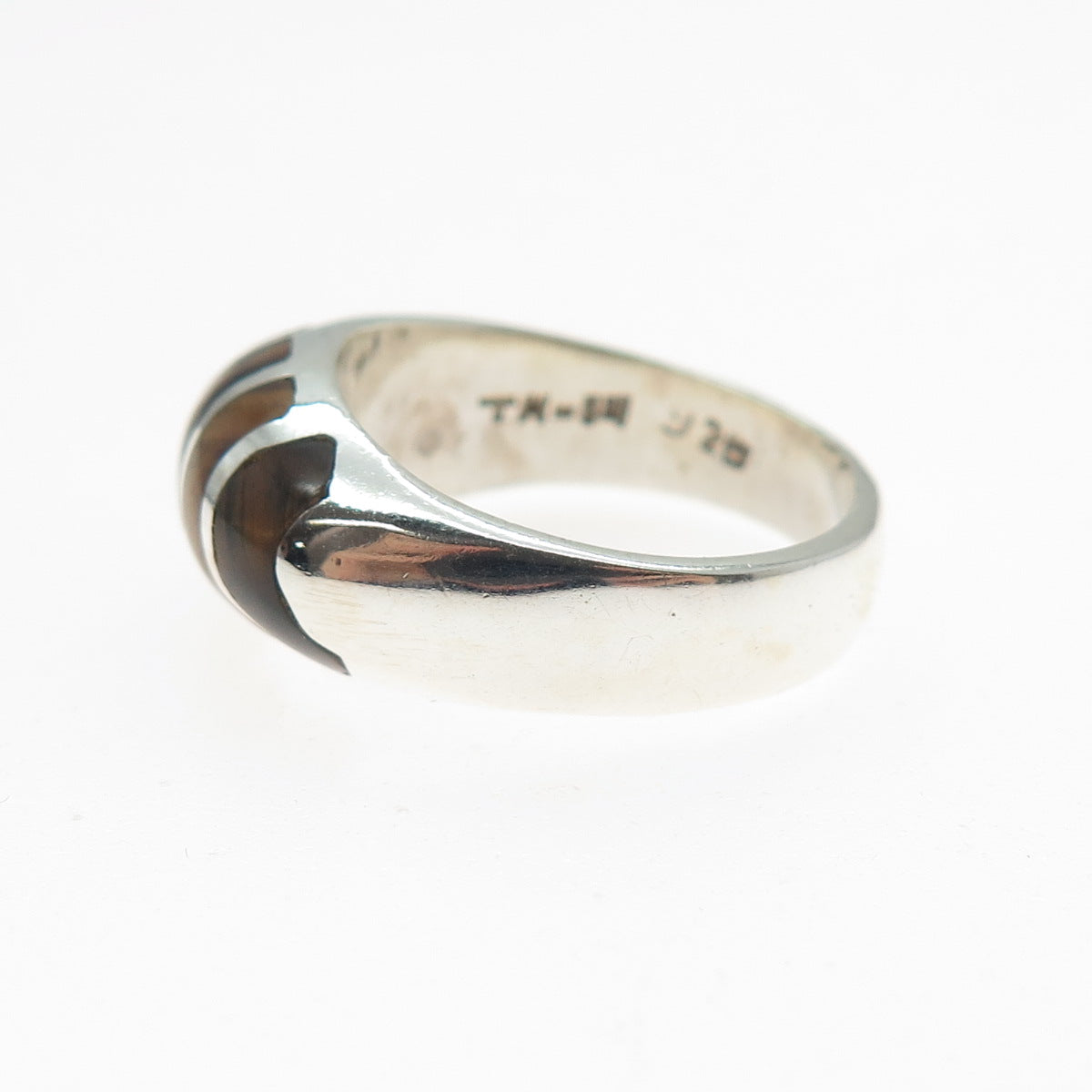 925 Sterling Silver Vintage Mexico Real Tiger Eye Modernist Ring Size 7