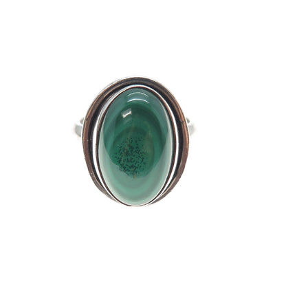 925 Sterling Silver Vintage Real Malachite Modernist Ring Size 7.75