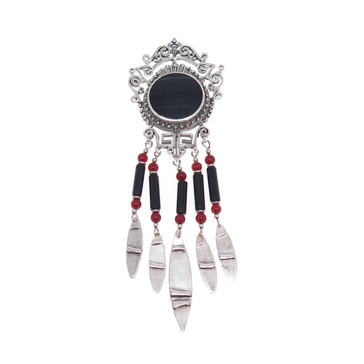925 Sterling Silver Vintage Black Onyx & Carnelian Ethnic Oxidized Slide Pendant