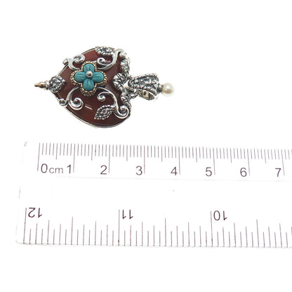 BARBARA BIXBY Sterling 18K Gold Carnelian Topaz Turquoise & Pearl Heart Pendant