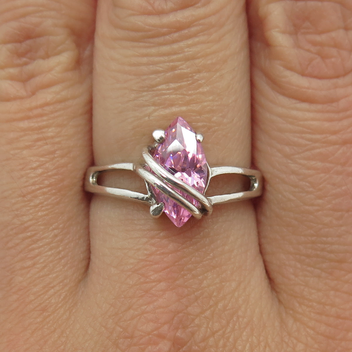 SHUBE 925 Sterling Silver Vintage Marquise-Cut Pink C Z Ring Size 9