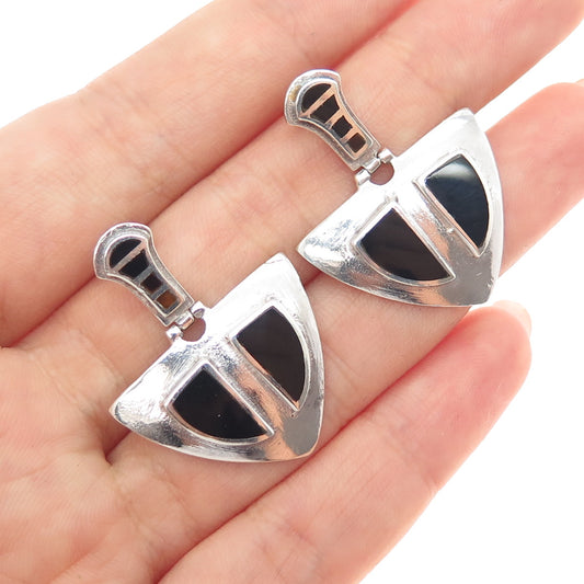 925 Sterling Silver Vintage Real Black Onyx Modernist Arrow Dangle Earrings