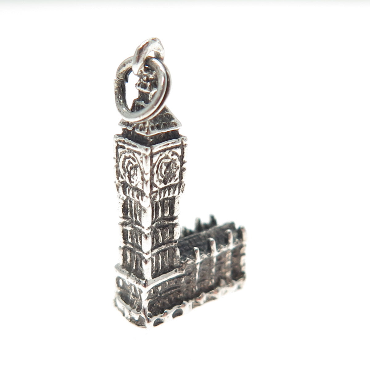 925 Sterling Silver Vintage Big Ben Oxidized Minimalist 3D Charm Pendant