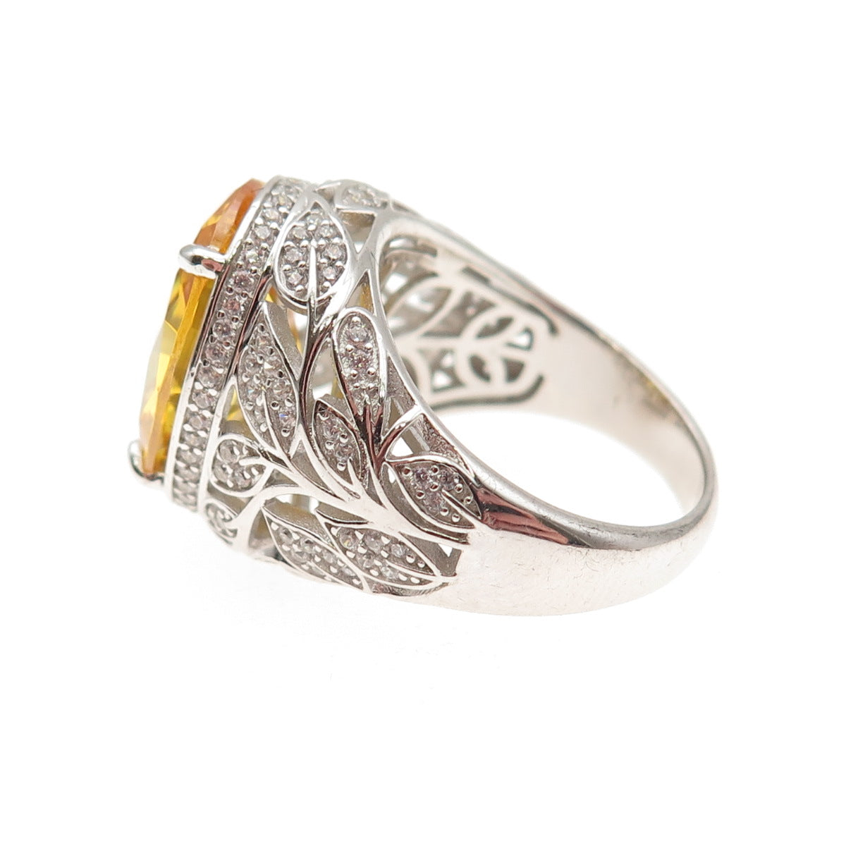925 Sterling Silver Oval-Cut Canary & Round-Cut White C Z Ring Size 7.25