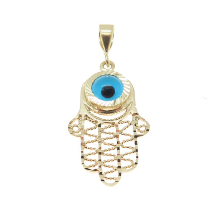 14K Yellow Gold Enamel Evil's Eye Hamsa Amulet Minimalist Charm Pendant