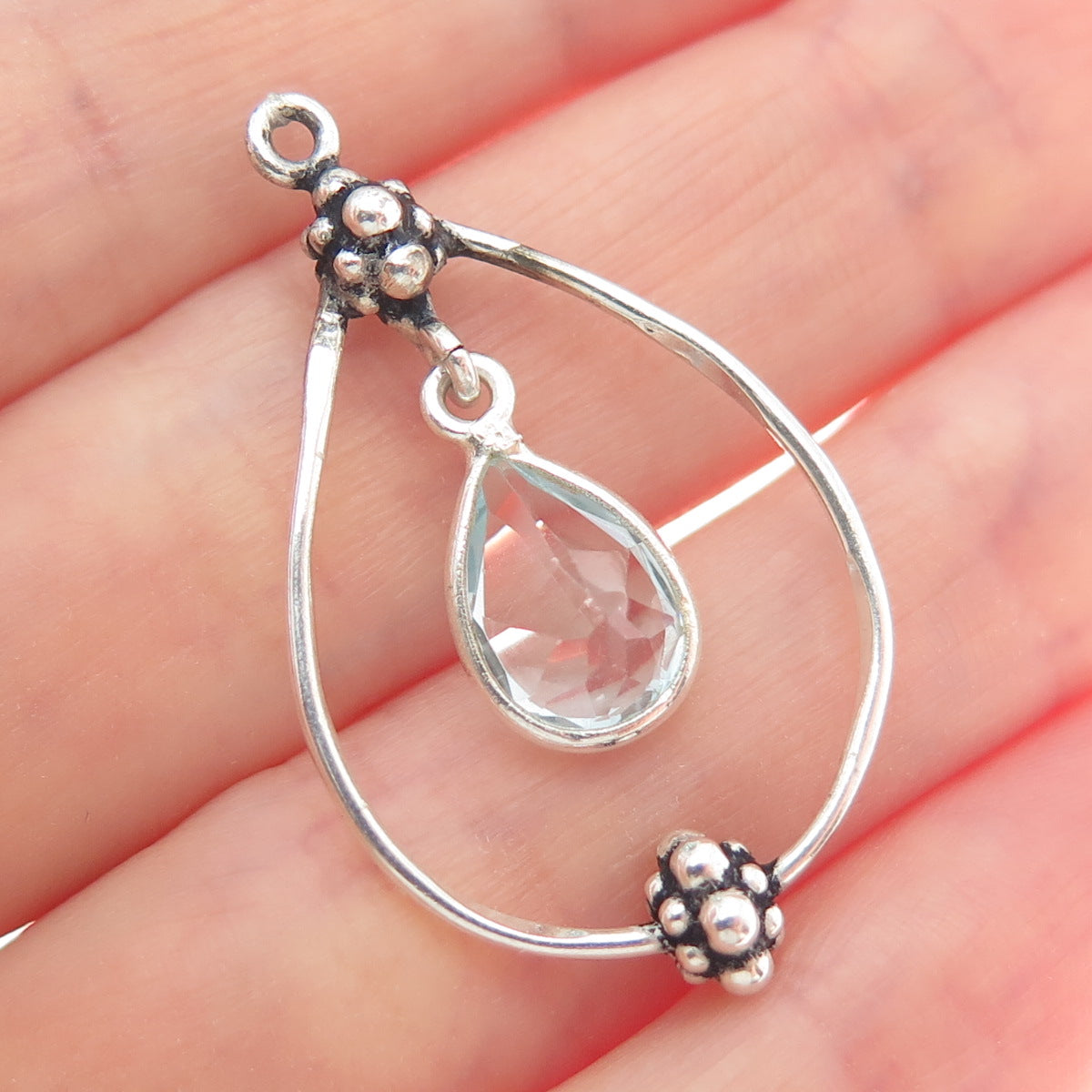 925 Sterling Silver Vintage Real Blue Topaz Granulated Teardrop Pendant
